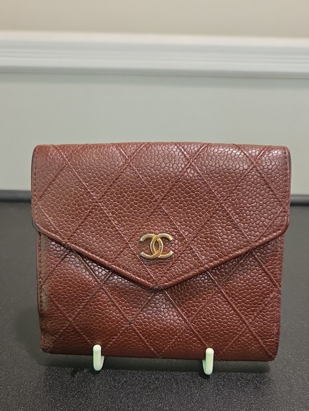 CHANEL Quilted Cavar Envelope Wallet in Chestnut Brown with Gold CC